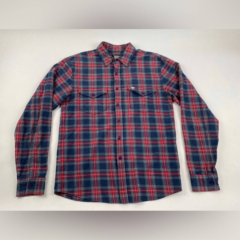FALLEN Skate Flannel Plaid Long Sleeve Mens Button Up Shirt Sz SMALL Red Blue